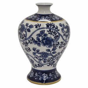 Plutus PBTH92054 Blue And White Porcelain Vase With Gold Accents 8 X 8