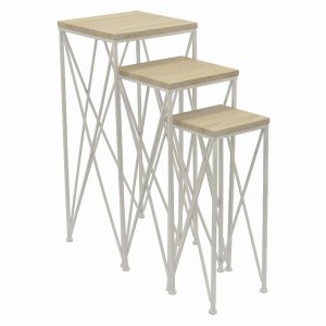 Plutus PBTH94509 Metalwood Plant Stand In White Metal Set Of 3