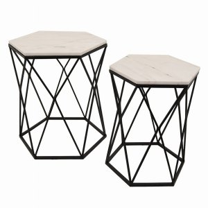 Plutus PBTH92919 Metal Marble Top Table In Black Metal Set Of 2