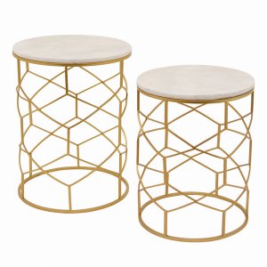 Plutus PBTH93886 Metal Marble Top Table In Gold Metal Set Of 2