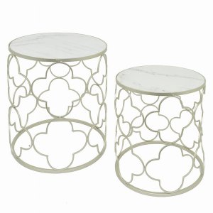 Plutus PBTH93885 Metal Marble Top Table In Silver Metal Set Of 2