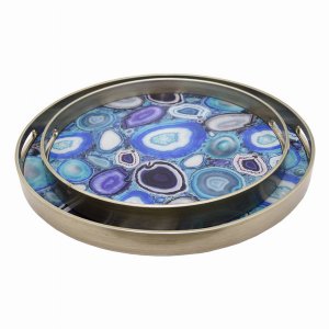 Plutus PBTH93631 Glass Tray Set Of 2 In Blue Glass