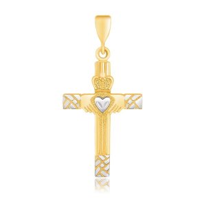 Unbranded 89657 14k Two-tone Gold Cross Pendant With A Claddagh Motif