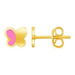 Unbranded 46887 14k Yellow Gold And Enamel Pink Butterfly Stud Earring