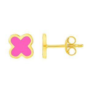 Unbranded 64048 14k Yellow Gold And Enamel Pink Clover Stud Earrings