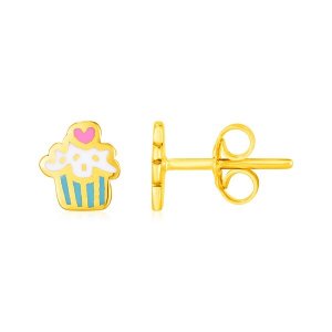 Unbranded 65095 14k Yellow Gold And Enamel Cupcake Stud Earrings