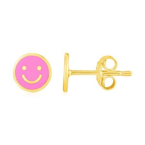 Unbranded 07656 14k Yellow Gold And Enamel Pink Smiley Face Stud Earri