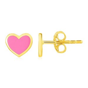 Unbranded 35580 14k Yellow Gold And Enamel Pink Heart Stud Earrings