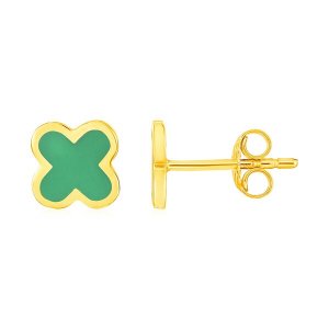 Unbranded 74468 14k Yellow Gold And Enamel Green Clover Stud Earrings