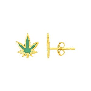 Unbranded 54696 14k Yellow Gold And Enamel Green Hemp Leaf Stud Earrin