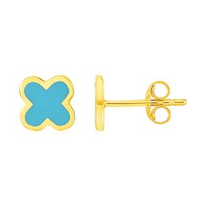 Unbranded 22175 14k Yellow Gold And Enamel Blue Clover Stud Earrings