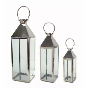 Melrose 58015DS Stylish Stainless Steel  Glass Lantern Set (3 Sizes)