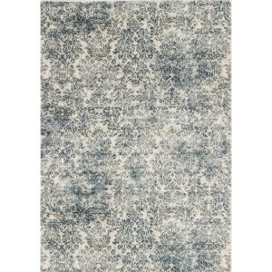 Homeroots.co 353816 3'x5' Ivory Blue Damask Faux Silk Indoor Area Rug