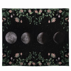 Homeroots.co 380877 Moon Phases With Floral Border Black Wall Tapestry