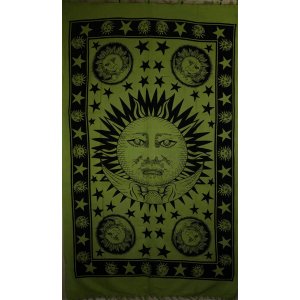 Wild TAPS1002 Green Celestial Tapestry With Sun, Moon  Stars Design