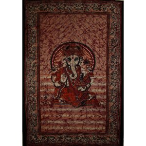 Wild TAPS1018 Red Ganesha Holding Lotus Flower In Batik Style Tie Dye 