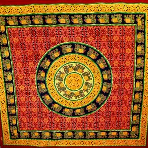 Wild TAPD167 Green  Orange Bagru Elephant Mandala Tapestry