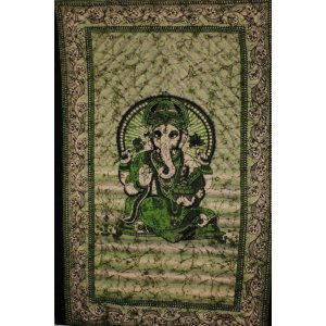 Wild TAPS1021 Green Ganesha Holding Lotus Flower In Batik Style Tie Dy