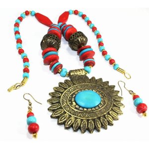 Wild 89 Flower Medallion Boho Necklace  Earrings Set