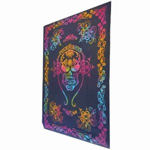 Wild TAPS1099 Gothic Skull Tapestry Tie Dye Pattern With Floral Border