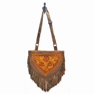 Wild SU101 Kashida Embroidery Of Bihar Suede Purse With Fringe Tassel 