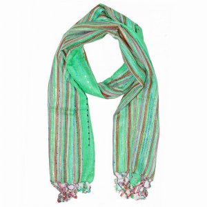 Wild SCA542 Green Cotton Lurex Shimmering Stripes Scarf