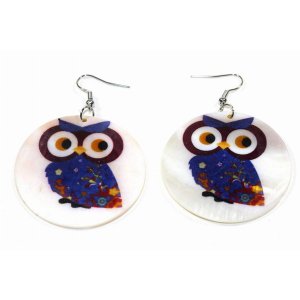 Wild 148 Curious Baby Owl With Flower Wings Mother Of Pearl Earrings