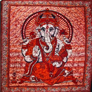 Wild TAPD156 Red Ganesha Holding Lotus Flower In Batik Style Tie Dye T