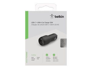 Belkin F7U100BTBLK 30w Car Charger, 18w Usb-c, 12w Usb-a,bl