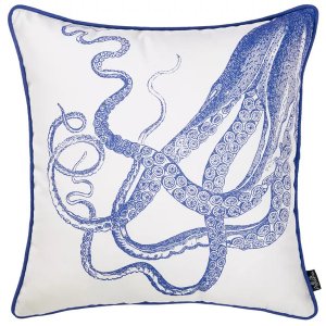 Homeroots.co 355629 Square White And Blue Octopus Decorative Throw Pil