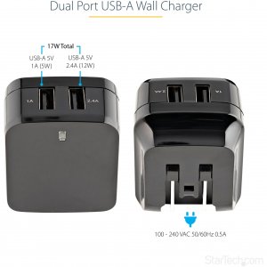 Startech USB2PACUBK 2 Port Usb Wall Charger, 17w Wall Charger Hub (2.4