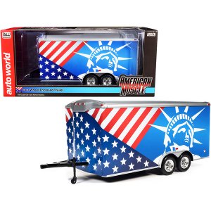 Autoworld AMM1284 Four Wheel Enclosed Car Trailer Patriotic With Graph