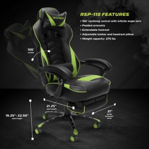 Ofm RSP-110-GRN Respawn Recline Gaming Chrfootrest Grn