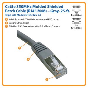 Tripp  25ft Cat5e Cat5 350mhz Molded Shielded Patch Cable Stp Rj45 M-m