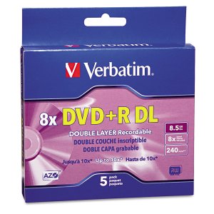 Verbatim 95311 (r)  8.5gb 8x Branded Azo Dvd+r Dls, 5 Pk With Slim Cas