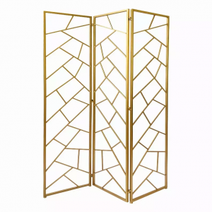 Homeroots.co 379902 3 Panel Gold Room Divider With Geometric Motif