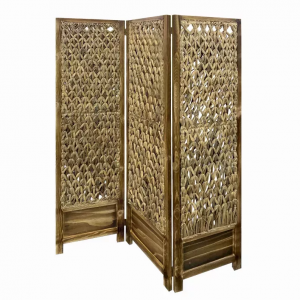 Homeroots.co 348673 Casual Wood And Seagrass 3 Panel Room Divider Scre