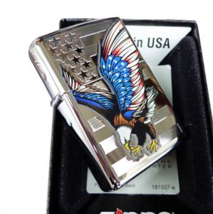 Zippo 28449 High Polish Chrome  Lighter With Eagle And Flag Design