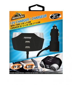 Jem AVT8-1001-BLK Armorall 12v Car Charger 2 Dc 4 Usb