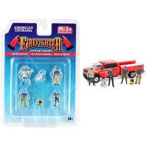 American 76482 Firefighter Ii 6 Piece Diecast Set (4 Figurines, 1 Dog 