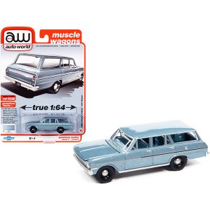 Autoworld 64332-AWSP083B 1963 Chevrolet Ii Nova 400 Wagon Silver Blue 