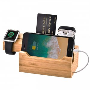 Trexonic TRX-CS3U3A 3 In 1 Bamboo Charging Station With Card Holder