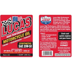 Lucasoil DIX X10702 Lucas Oil Synthetic Sae 20w-50 Motorcycle With Mol