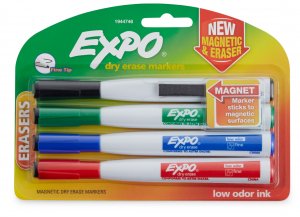 Dymo 1944746 Expo Magnetic Fine-tip Dry-erase Markers W Erasers: Assor