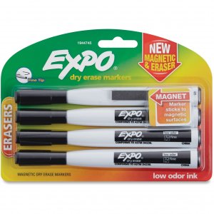 Dymo 1944745 Expo Magnetic Fine-tip Dry-erase Markers W Erasers: Black