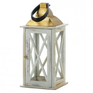 Nikki 5001067 Distressed White Wood Candle Lantern With Gold Top - 19 