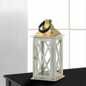 Nikki 5001067 Distressed White Wood Candle Lantern With Gold Top - 19 