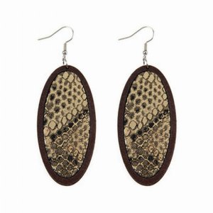 Dobbi HDE2518GD Snake Skin Printed Fabric Oval Wood Drop Dangling Earr