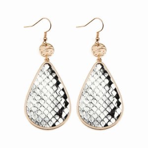 Dobbi KE-0712WT Dangling Teardrop With Animal Skin Leather Inset Earri