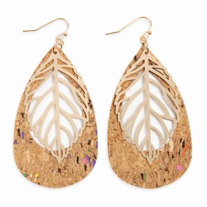 Dobbi HDE2554-3 Cork Pattern Teardrop With Metal Leaf Filigree Earring